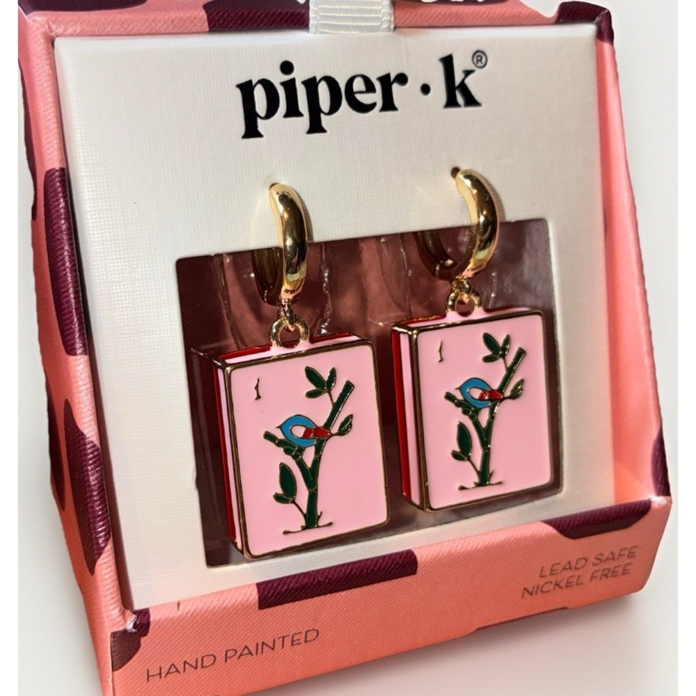 Piper K Hand Painted Enamel Pink & Gold Mahjong Huggie Drop Earrings NEW IN BOX
